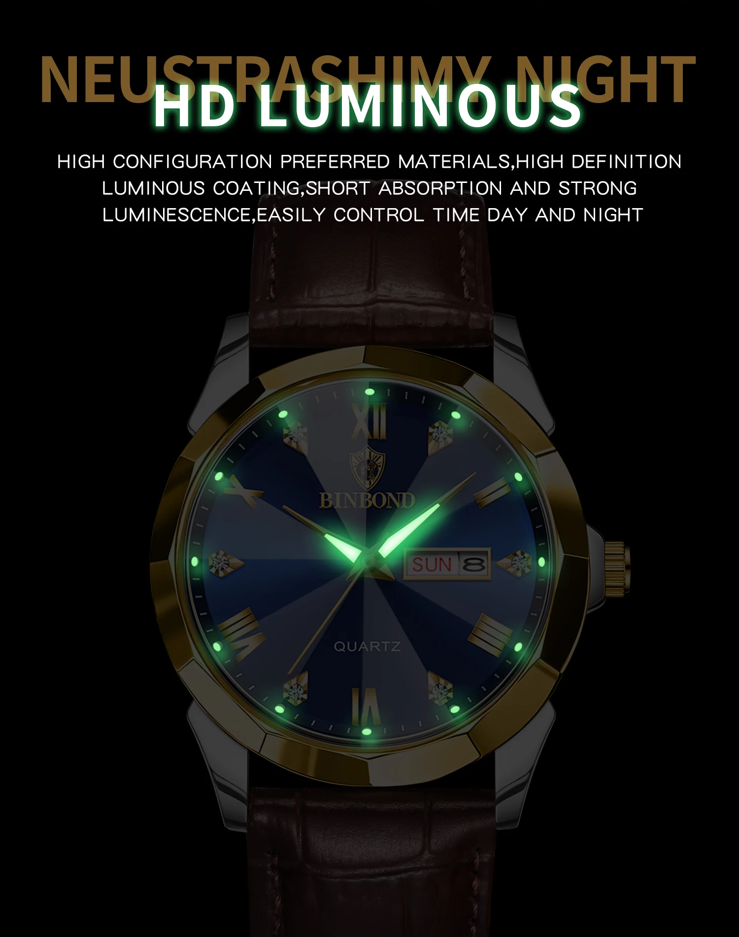 BINBOND Original Auto Date Week Display Men's Watch Reloj Hommes Leather Quartz Watches For Men Luxury Luminous Waterproof +Box