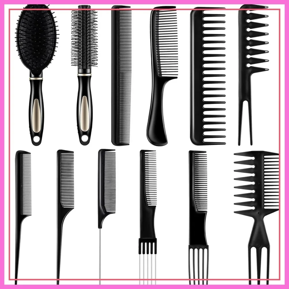 

12 Pc Hair Brush Comb Set: Paddle Detangling, Massage Roller, Styling Comb for Wet/Dry Hair, Women Men, Salon & Barbershop