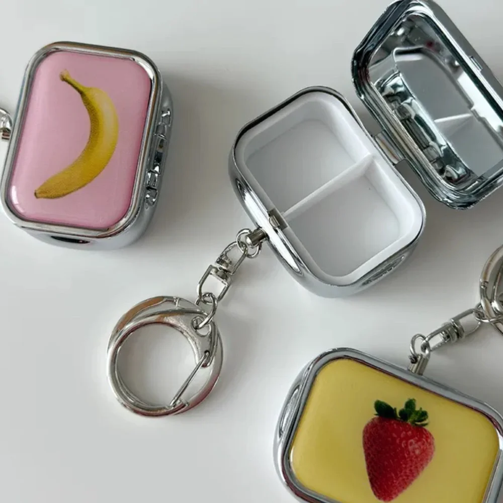 Korean Style Cute Fruit Print Mini Pill Box With Keychain Portable 2 Grid Medicine Case Mirror Travel Earring Jewelry Storage - view 6