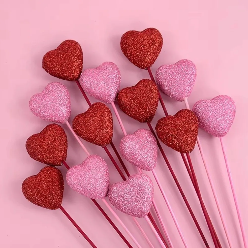 

10pcs Shinny Glitter Hearts Stick DIY Foam Vase Pick Stick Flower Bouquet Cake Topper Valentine's Day