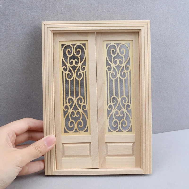 1:12 Dollhouse Double Wooden Door with Carved Screen, Unpainted DIY Openable Doors for Mini Room, Dollhouse Building Accessory