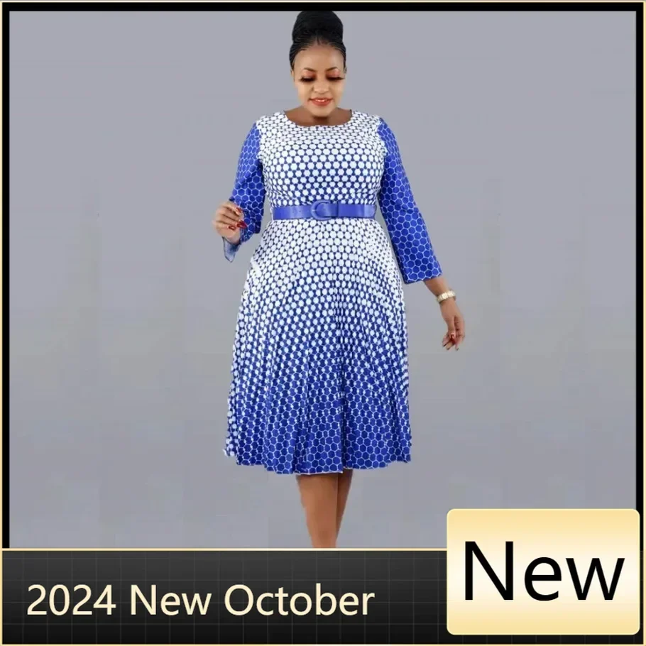 2024 New Hot Sale African Style Plus Size Printed Round Neck 3/4 Sleeve Large Pleated Swing Snake Dress For Women