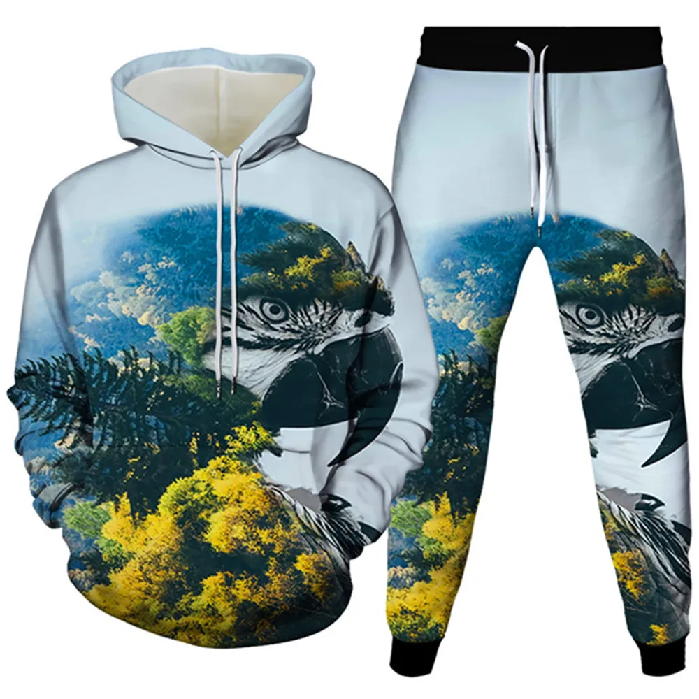 Parrot Colorful Animal Bird Flower Forest Weed Print Men Fashion Tracksuit Clothes Hoodies Sweatpants Costume Homme 2 Pieces Set