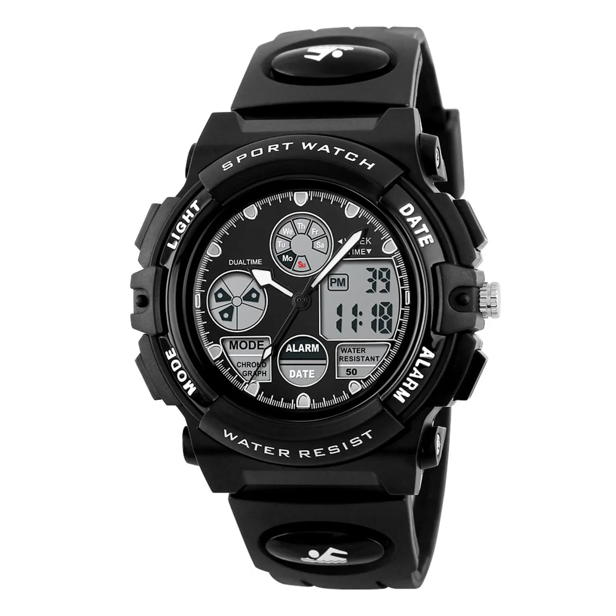 

Водонепроницаемые цифровые спортивные часы с EL-подсветкой, водонепроницаемость 50 м, двойное время, секундомер, дата, будильник, отображение дня недели, ремешок из полиуретана