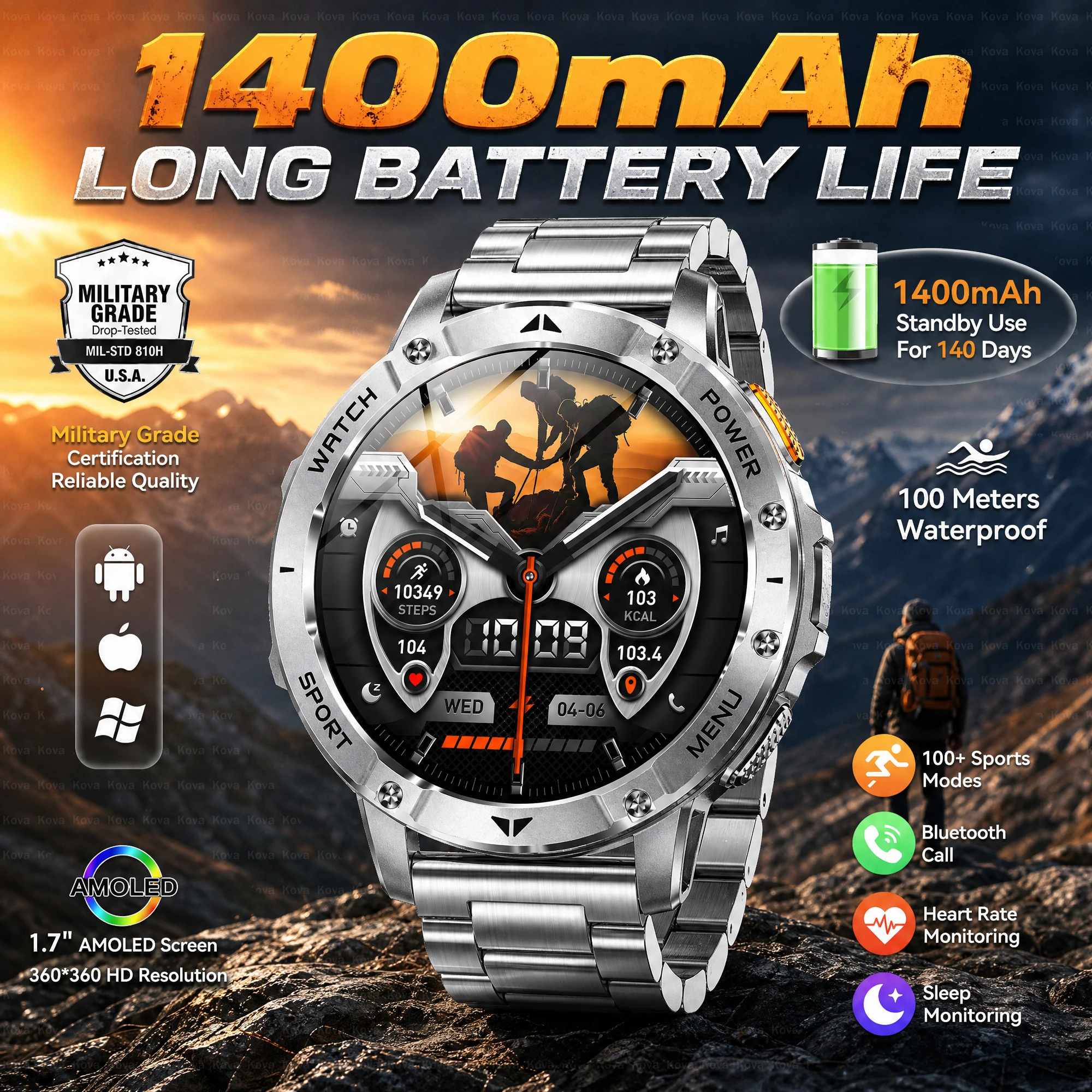 1400mAh Large Battery Military Smart Watch Men 1.7HD Screen Bluetooth Call 10ATM Waterproof Health Monitor Outdoor Sport Watches
