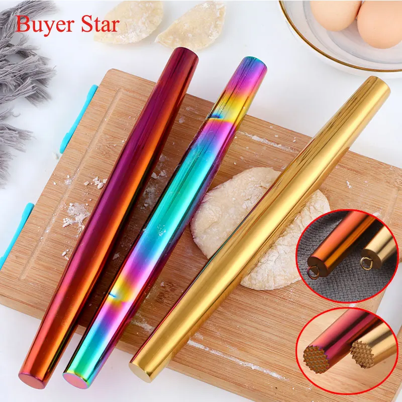 Gold Rolling Pin Baking Tool Cookies Rolled Stainless Steel Noodle Roller Metal Dumpling Skin Rolling Pin Bakery Kitchen Utensil