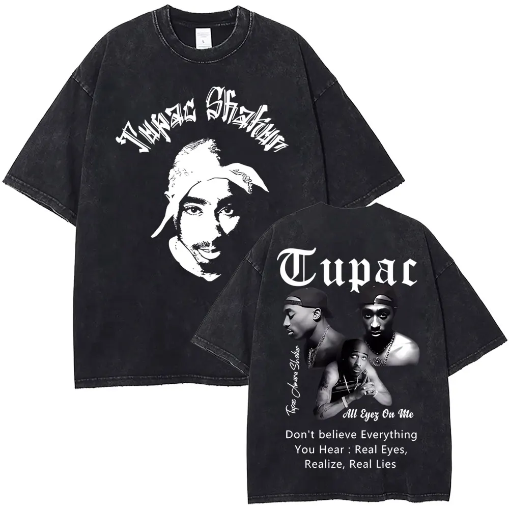 Camiseta de rapero Vintage lavada Tupac 2pac Shakur All Eyez on Me para hombres y mujeres, camisetas Retro de gran tamaño de Hip Hop, camiseta de moda para hombres