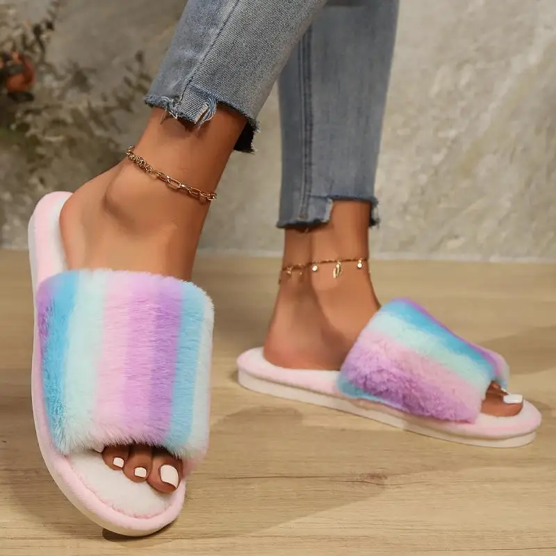Casual Fluffy Slippers Women House Flats Fashion Popular Rainbow Designer Shoes Girls Home Winter Plush Footwear Ladies Big Size