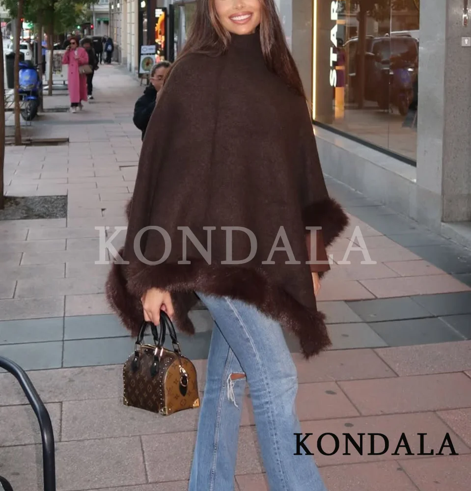 

KONDALA Fall Winter Knitted Cape Coat Women's Half Turtleneck Faux Fur Hem Coat 2025 Fashion Elegant Streetwear Ladies Cape Coat