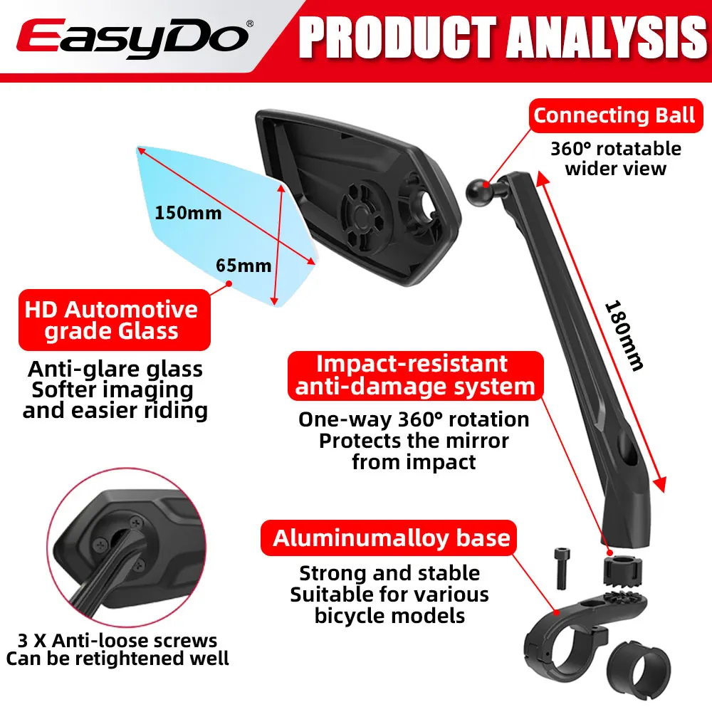 EasyDo Bicycle Mirror Cycling Motorcycle Mirrors Rear View Mirror for Bike 360° Adjustable Blue Rearview Mirror Bike Accessories