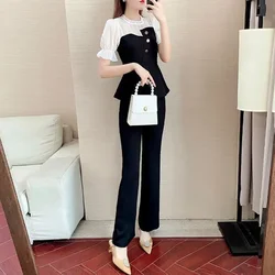 Trousers Woman Chiffon Splicing Summer 2024 Pant Sets for Women 2 Pieces Black Clothing Sales Clothes Outfit Chic and Elegant D