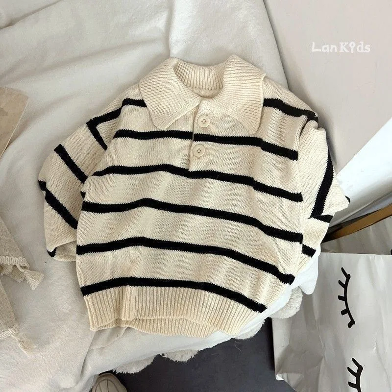 

Spring and Autumn Winter Children's Sweater Baby Western Style Children's Korean Edition Knitted Sweater Striped Collar