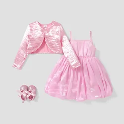 PatPat 2PCS Toddler Girl Sweet Solid Color Long Sleeve Jacket /Camisole Dress Set Perfect for Outings and Daily Wear