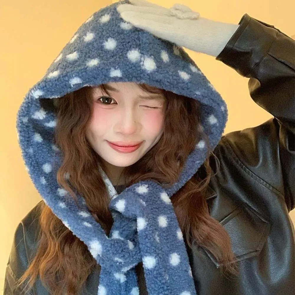 Integrated Design Hooded Scarf Hat Thermal Fabric Soft Fluffy Polka Dot Beanie Loose Fit Pull On Balaclava Cap