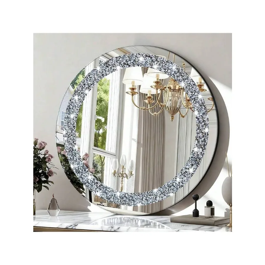 

Crushed Diamond Round Glass Wall Mirror, Crystal Crush Diamond Mirror, Wall Decoration Hanging Mirror, Glam Bling For Bathroom,