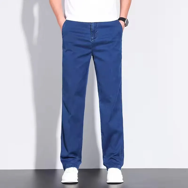 Classic Men's High Waist Cotton Jeans Summer Thin Fitted Straight Business Casual Denim Work Trousers Blue Gray
