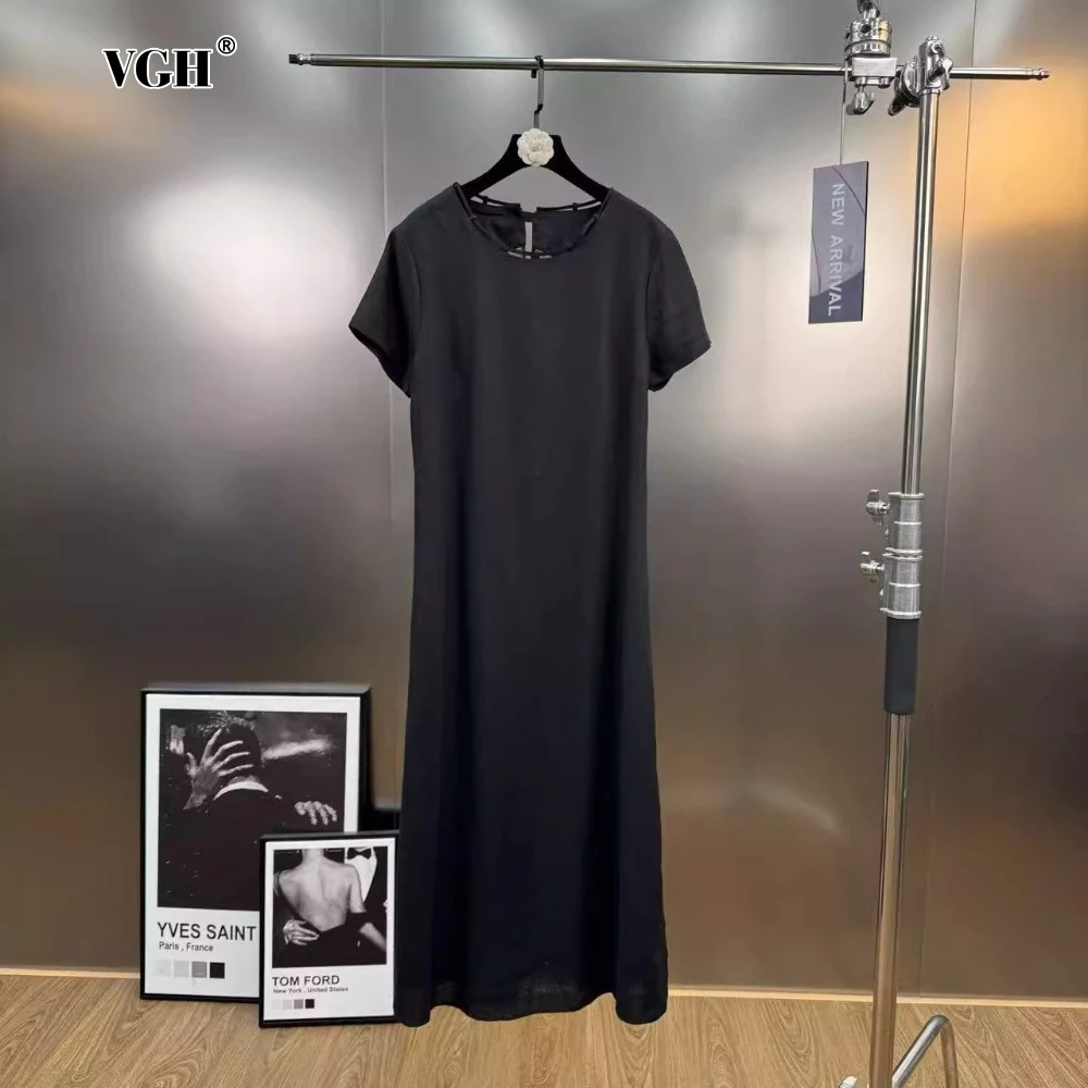 

VGH Black Spliced Lace Sheer Dress for Women Round Neck Short Sleeve Loose Waist Temperament Cotton Linen Dresses Summer Clothes