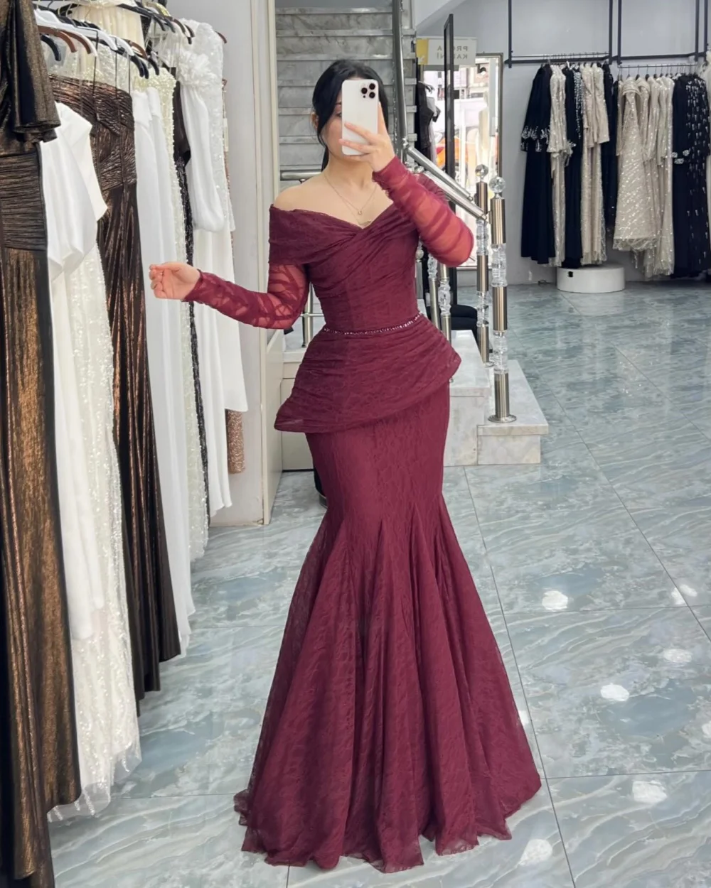

Customized Modern Style Women Lace Rhinestone Ruched Mermaid Evening Dresses Fashion Off-the-shoulder Floor Lenght Prom Dresses