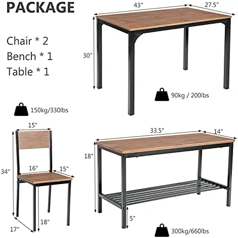 Set tavolo da pranzo 4 pezzi per 4, tavolo da cucina moderno con struttura in metallo e contenitore, marrone