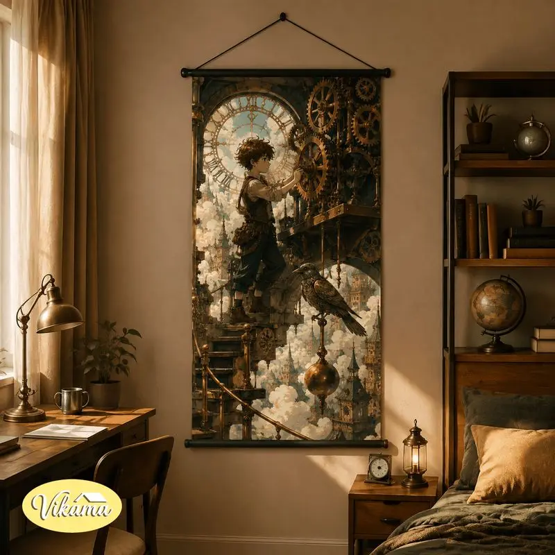 VIKAMA Steampunk Anime Boy Explorer Tapestry Telescope Greenhouse Airship Adventure Art Wall Hanging Bedroom Home Decor