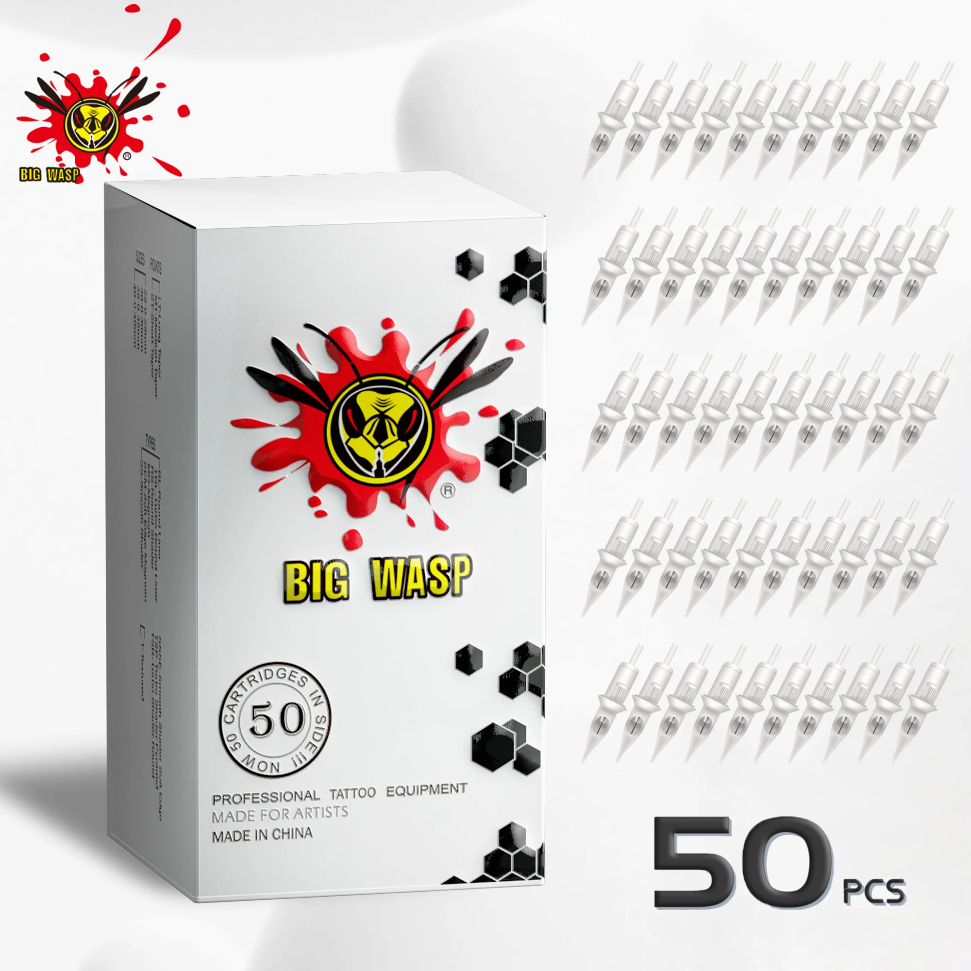 Bigwasp 50ชิ้นเข็มสักแบบใช้แล้วทิ้ง, RL RM RS M1 0.35/0.30มม. ตลับหมึกแบบปฏิวัติการสักร่างกายแต่งหน้า