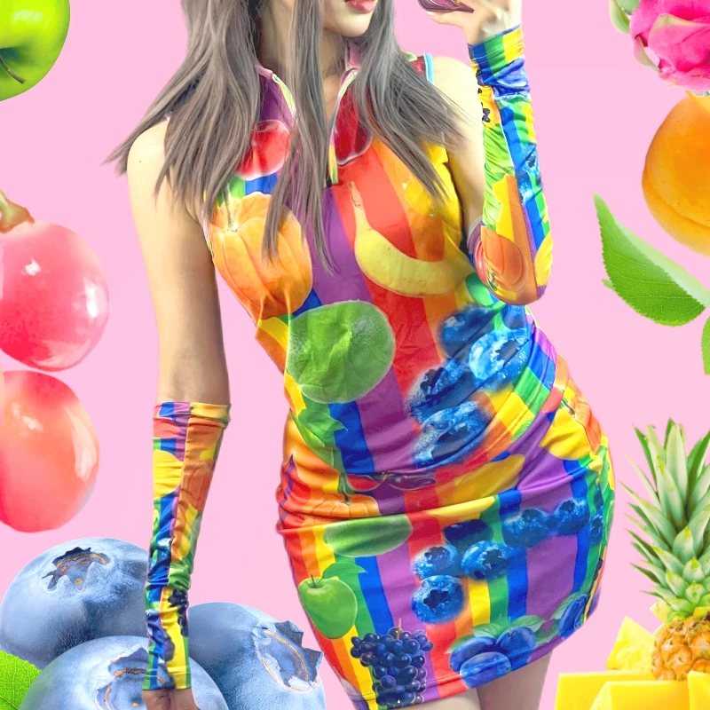 Novo original feminino lapela sem mangas frutas impressão colete doce bonito cintura fina mini saia verão colorido saia curta conjunto senhoras
