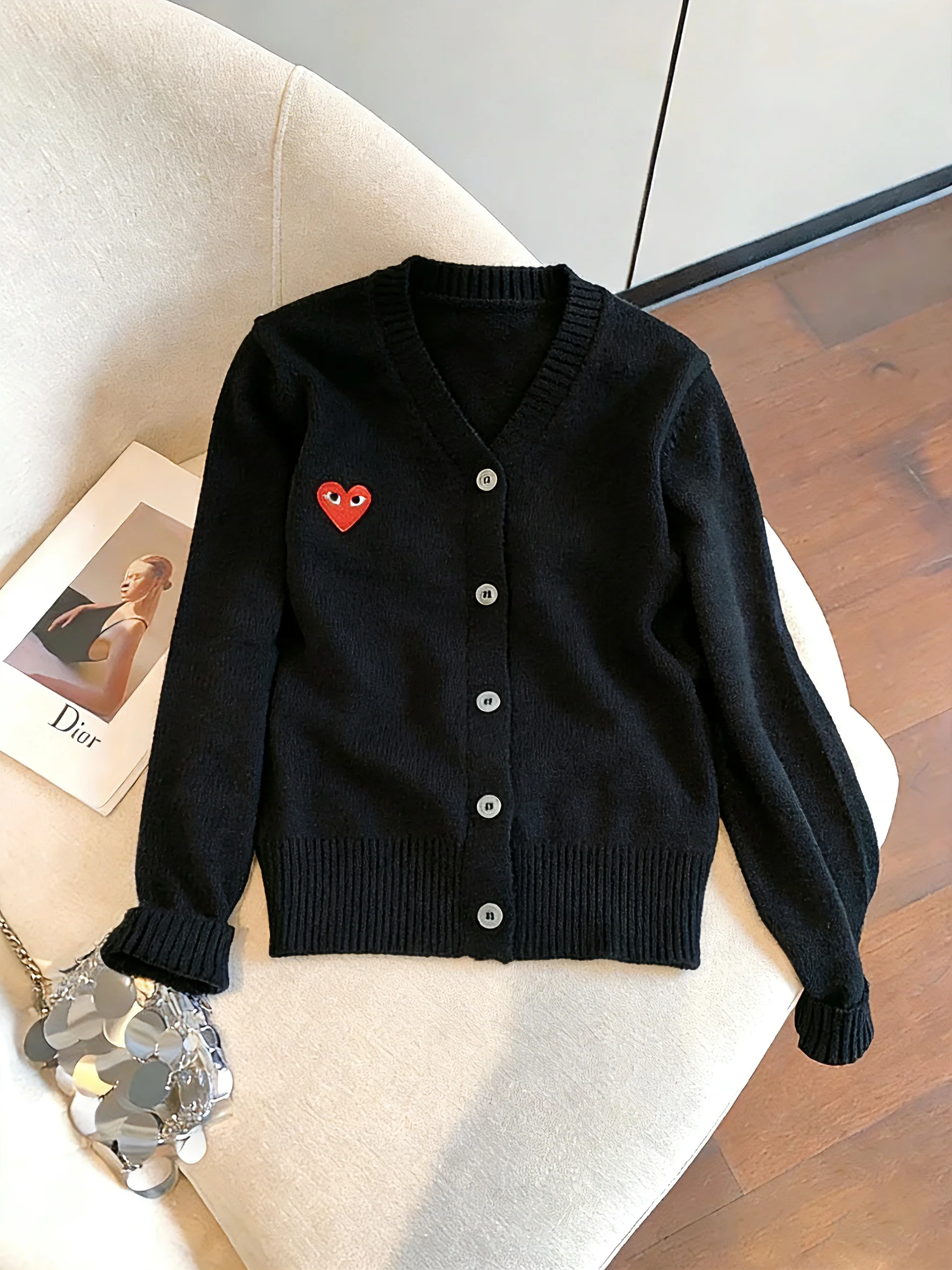 

American Retro Bla V-Ne Heart Long Sve Knitted Open Cardigan ex Spring Autumn Casual Versatile Top
