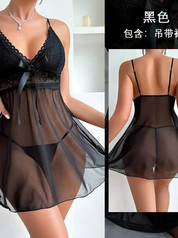 ชุดเดรสซีทรูผ้าลูกไม้เซ็กซี่สำหรับฤดูร้อน สายเดี่ยวเว้าลึก บางเบา ชุดนอนสีพื้น แต่งโบว์  ชุดเดรสโปร่งใสสวยงาม JOBE