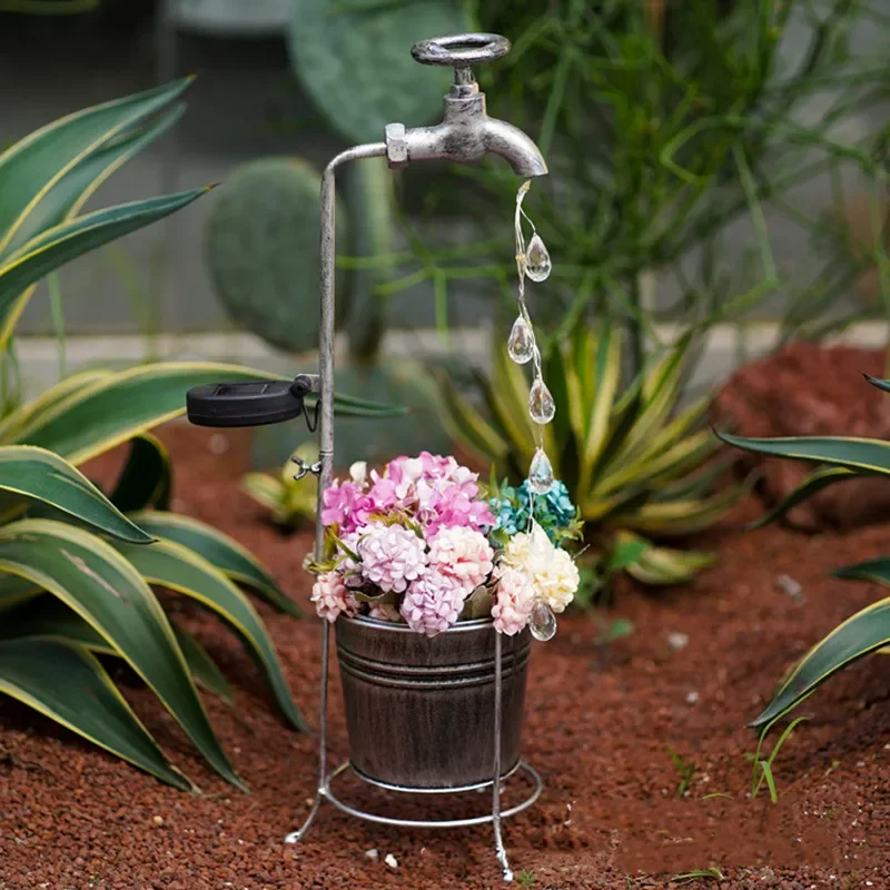 Sprinkler Water Kettle Faucet Water Droplet Flower Pot Lamp, Solar Powered Lawn Lamp, Courtyard Outdoor Garden