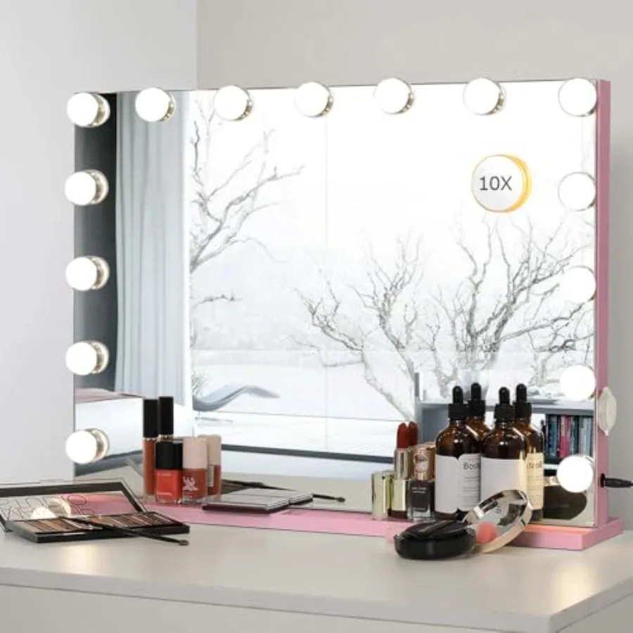 22.8"x 18.1" Vanity Mirror Makeup Mirror with Lights, 10X Large Hollywood Lighted Vanity Mirror with 15 Dimmable LED Bulbs, 3 C
