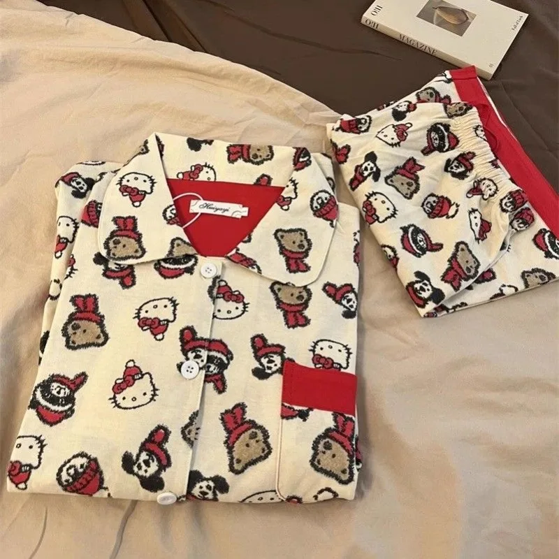 

New Sanrio Hellokitty Pajamas Set Soft Comfortable Man Women Sleepwear Cotton Loose Pyjama Suit Loose Home Clothes birthday gift