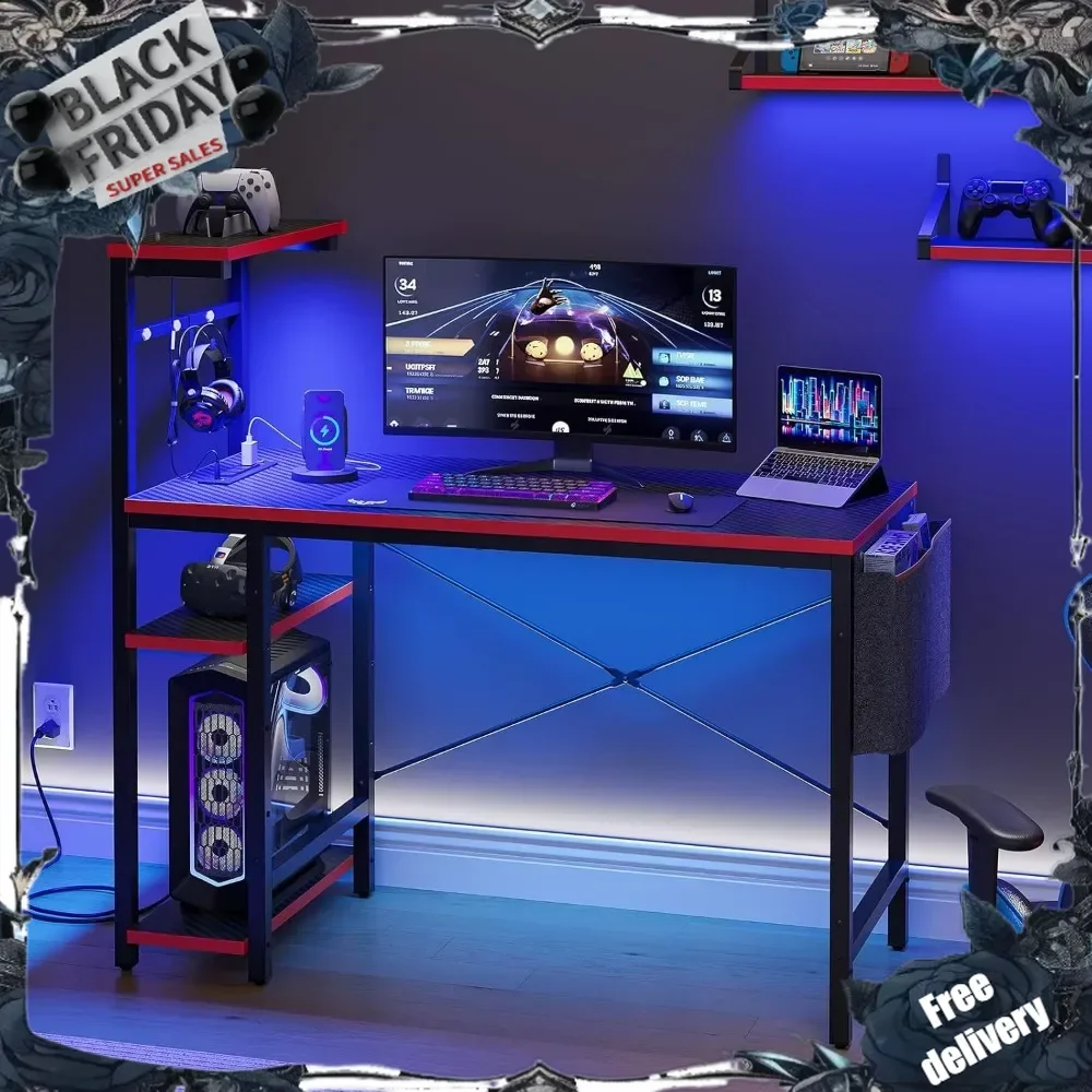 

Gaming Desk with Power Outlets, 44 Inch Led Gamer Desk with 4 Tiers Reversible Shelves, PC Gaming Table