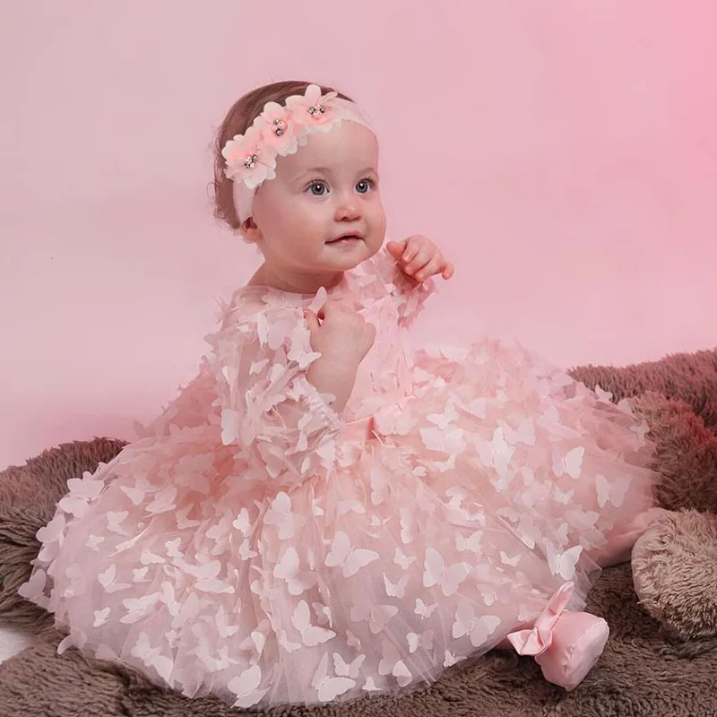 Baby and toddler mid sleeved dress with three-dimensional flower design, mesh fluffy princess dress, children's formal dress