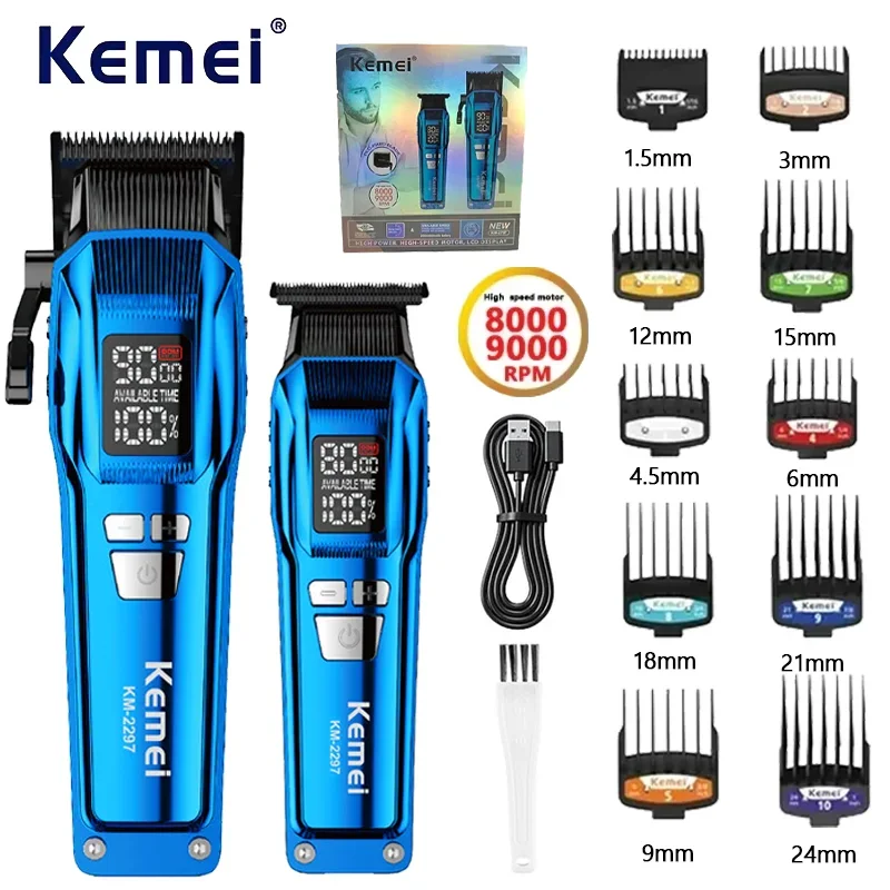 Kemei KM-2797 BlueGift Set Cordless Professional Men Barber Clipper Trimmer Barber Custom Logo Electric Hair Clipper Set Trimmer