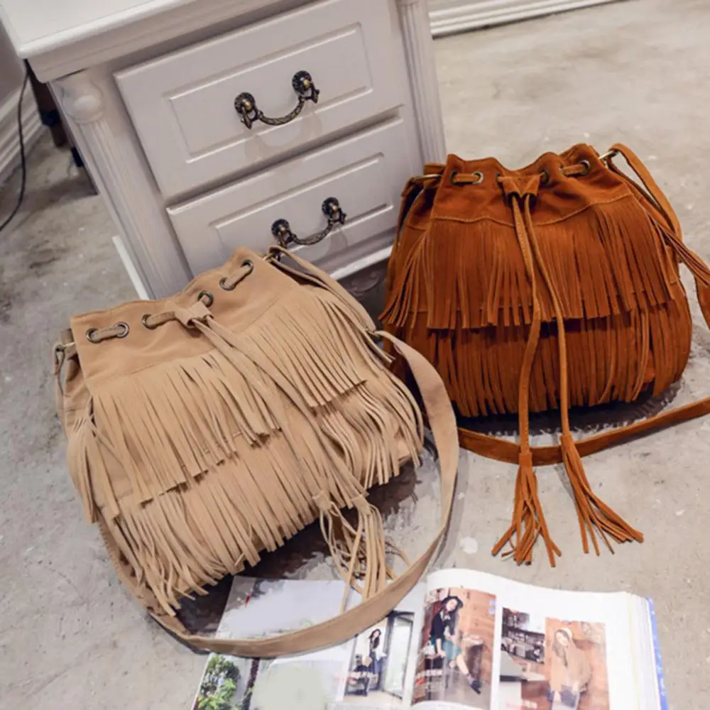 Women Tote Bags Solid Color Large Capacity Fringe Tassels Drawstring Crossbody Shoulder Suede Bucket Bag sac a main femme