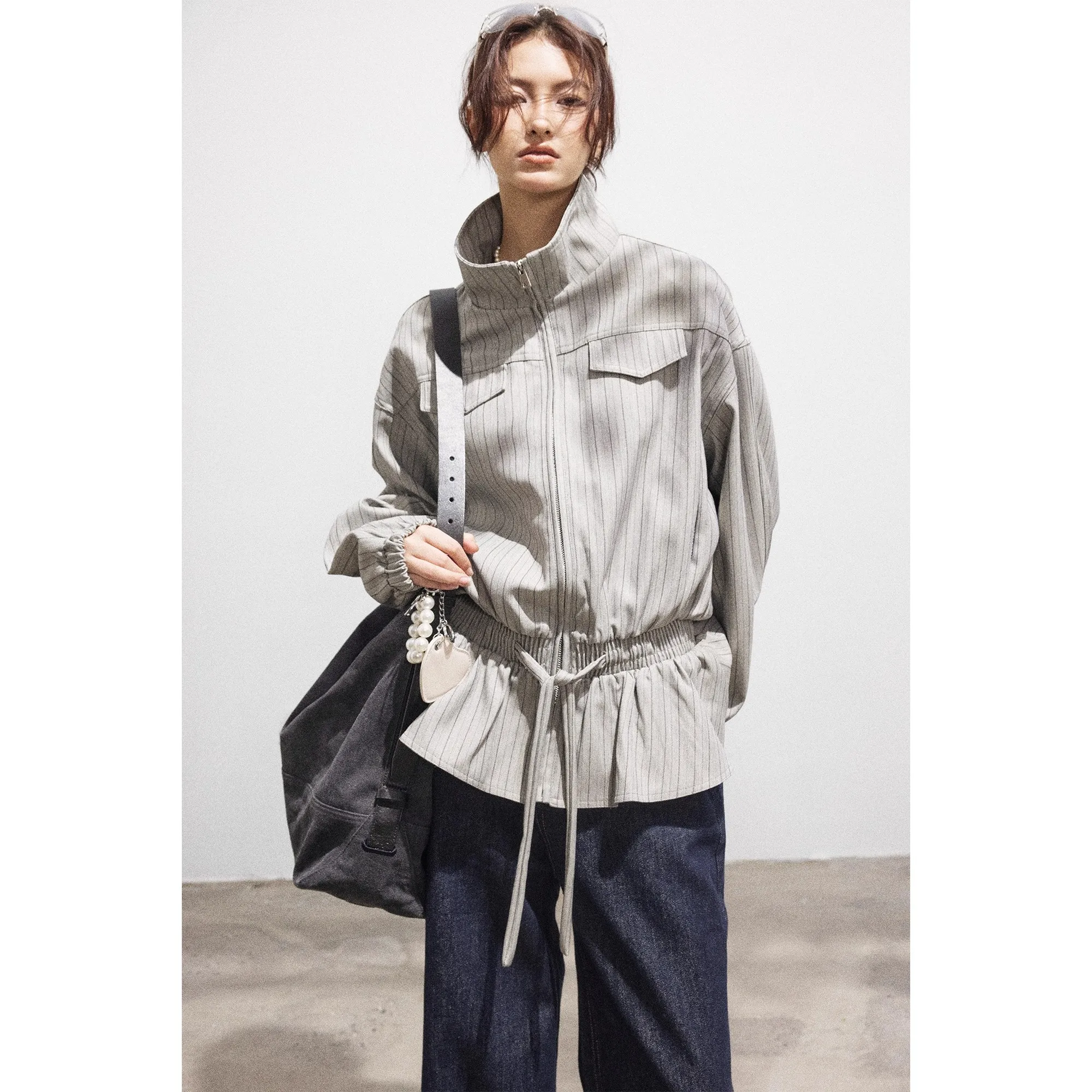 Gestreept jack met trekkoord met kraag, jack met opstaande ritssluiting, casual top voor woon-werkverkeer, herfst