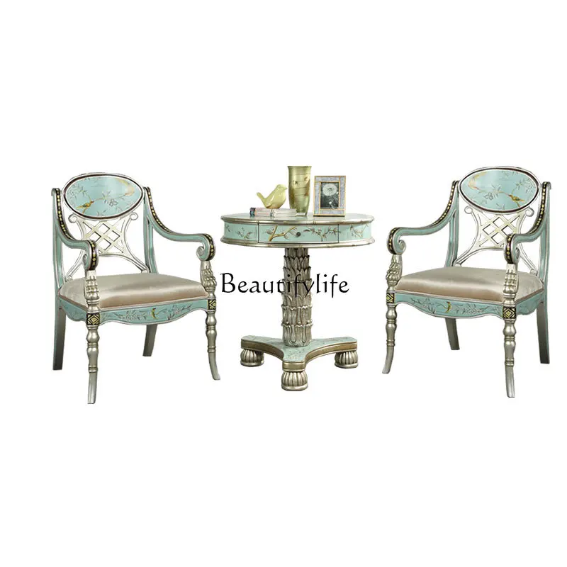 

French classical solid wood casual tables and chairs American retro hand-painted small round table