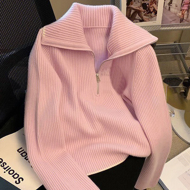 Pink Turn-down Collar Sweater Women Autumn New Half Zippers Long Sleeve Tops Solid Color Loose Soft Female Pullover Knitshirts