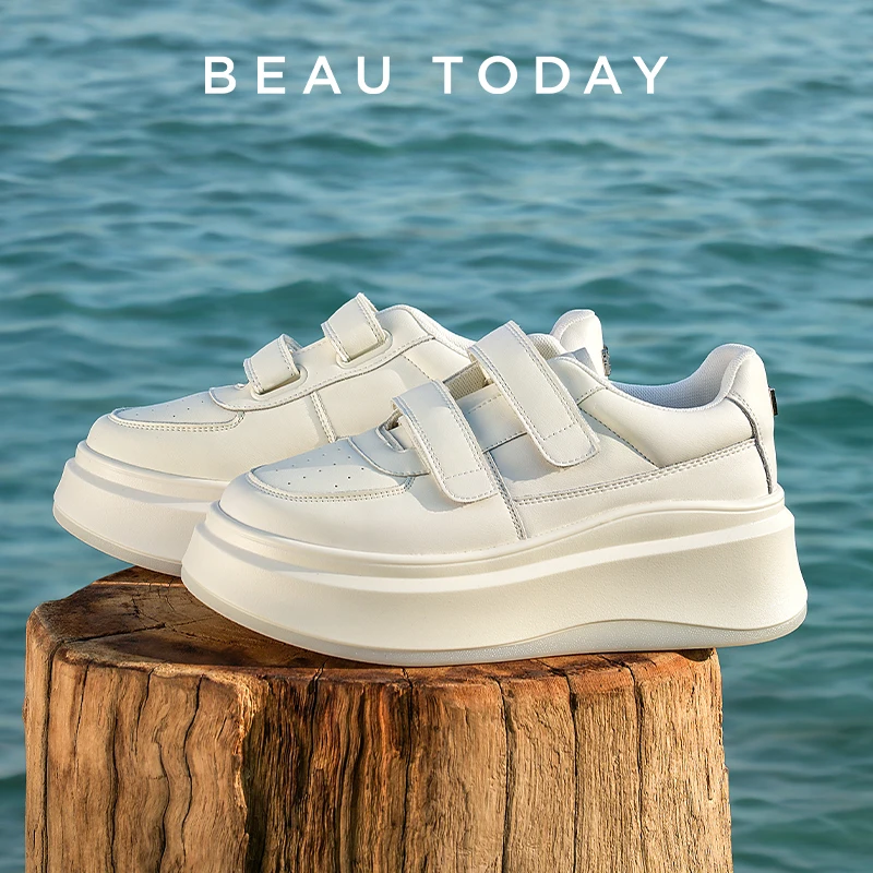

BEAUTODAY White Sneakers Women Synthetic Leather Mesh Hook & Loop Thick Sole Autumn Ladies Casual Sports Shoes Handmade 29778