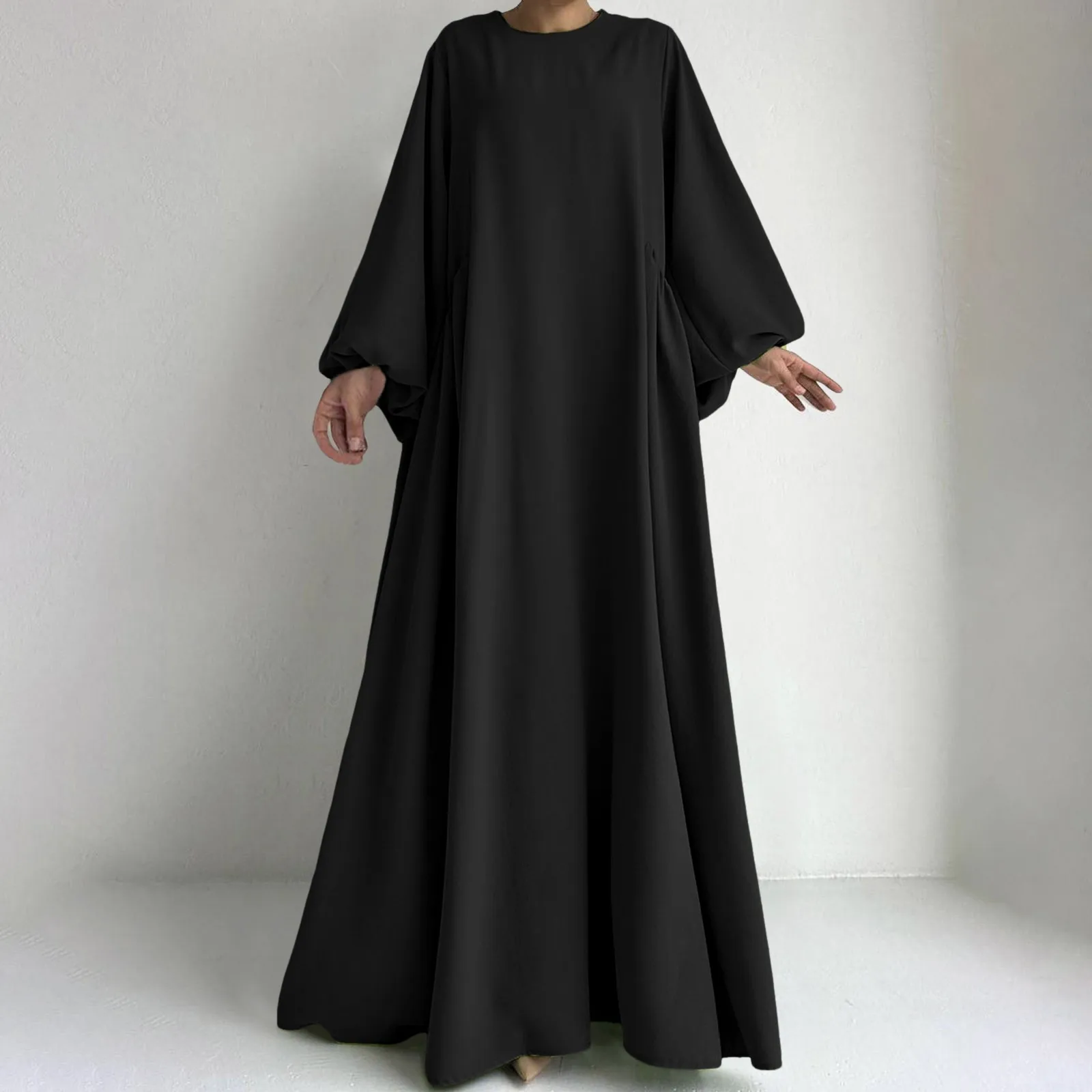 Women\'S Muslim Robe Long Sleeve Dress Solid Color Round Neck Loose Dresses Temperament Prayer Clothing Ramadam Elegant Burka