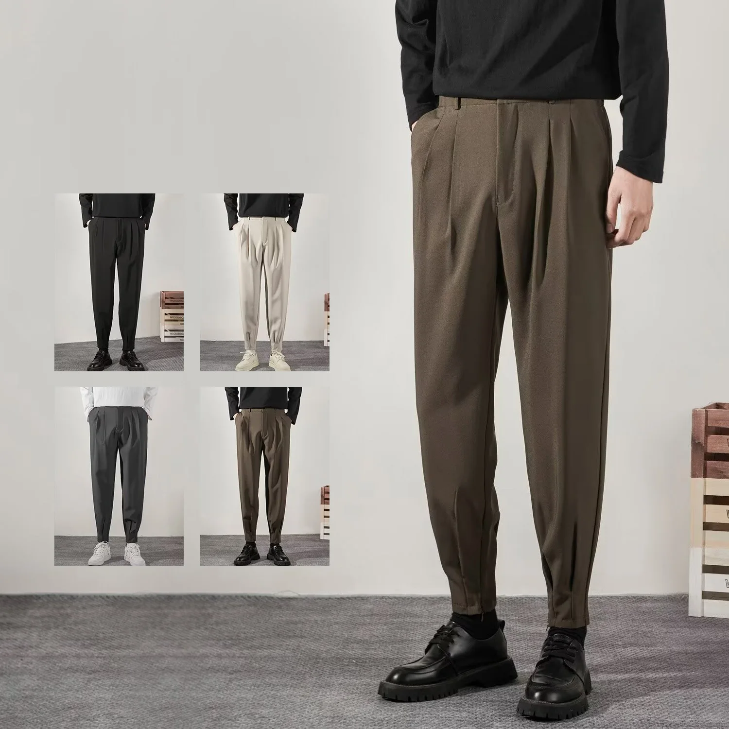 Brand Clothing Men's Casual Pants Drape Suit Style Loose Fit Wide Leg Design Trendy High End Tapered Trousers Dark Gray