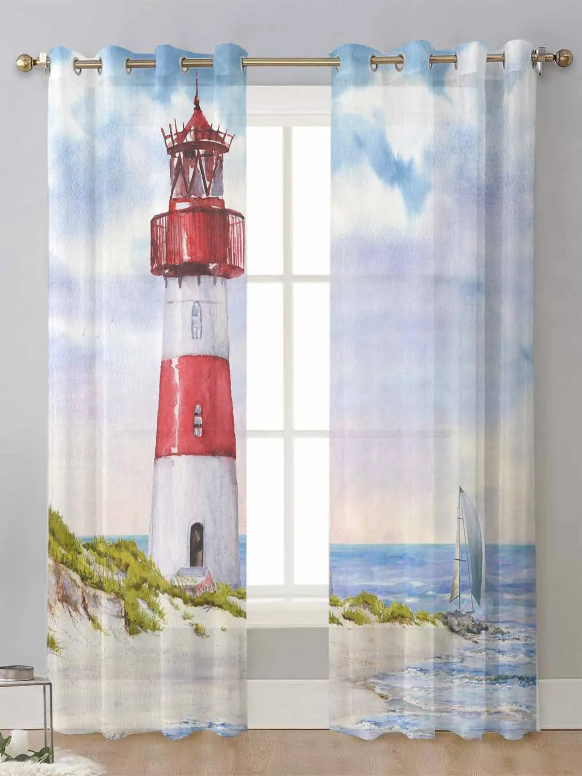 Lighthouse Island Vintage Watercolor Sheer Curtains For Living Room Window Voile Tulle Curtain Cortinas Drapes Home Decor