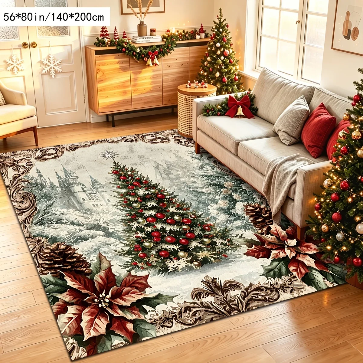 1Pc Large Christmas Rug, Tree Flower Castle Printed Soft Washable Mat for Living Room Bedroom Dining Study Entry Porch Balcony