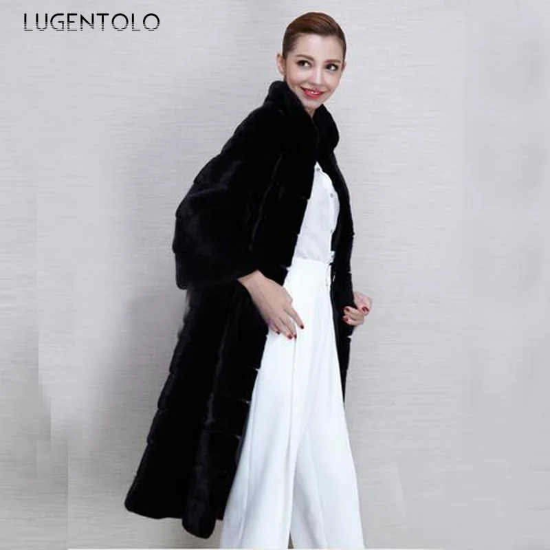 Casaco de pele sintética com gola de suporte para mulheres, outwear longo feminino, pano preto, elegante e elegante, qualidade, quente e novo, 2023, outono e inverno