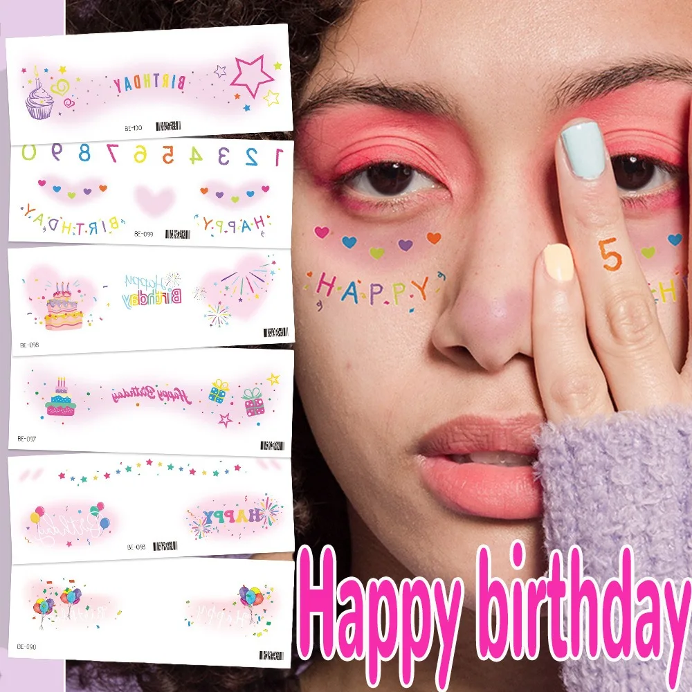 Birthday Party Temporary Face Tattoo Sticker Water Transfer Cake Balloons Birthday Party Fireworks Women Tattoos Sweet Makeup