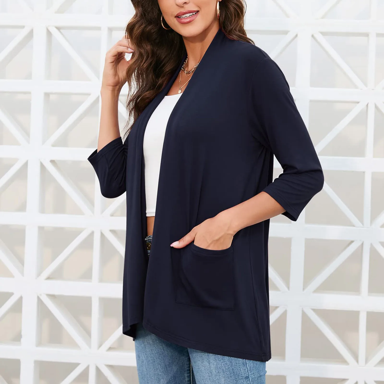 

Women's Summer And Autumn Three Quarter Sleeve Solid Color Cardigan Lightweight Casual Top With Pockets Fashion Blouse