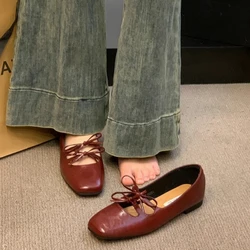 Lovely Double Bowknot Women Mary Jane Shoes New 2024 Spring Summer Square Toe Dress Flat Shoe Ladies Red Soft Sole Shoes Zapatos