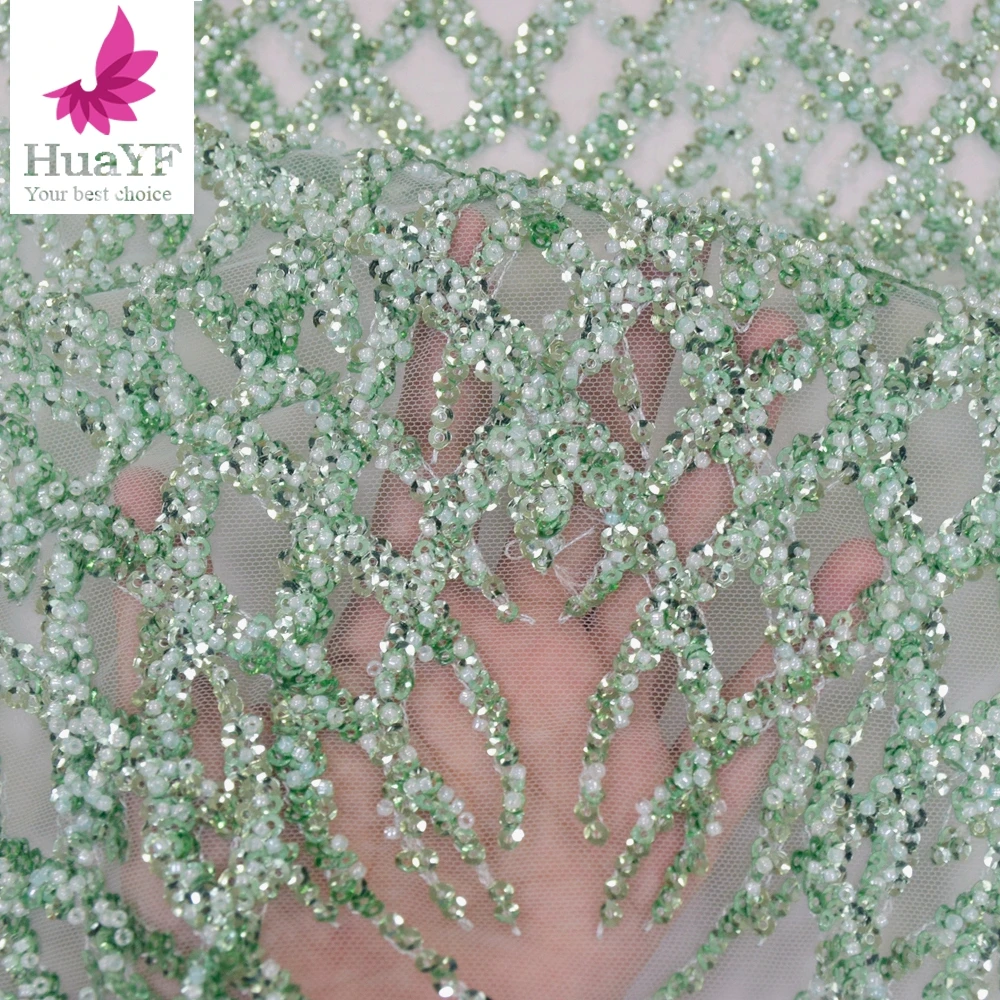 1 Yard New Arrival in Nigeria Mint Green Lace Tulle Fabric with Beads and Sequins for Party Dresses HY1614