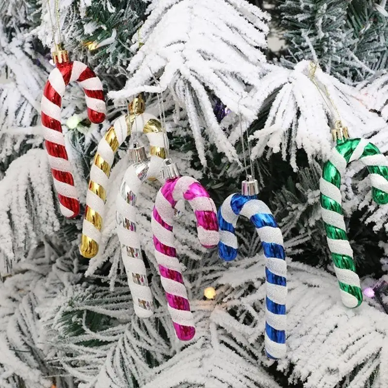 

E8BD 6Pcs Mini Glitter Plastic Candy Cane Christmas Tree Decoration Hanging Pendant Ornaments DIY New Year Party Supplies