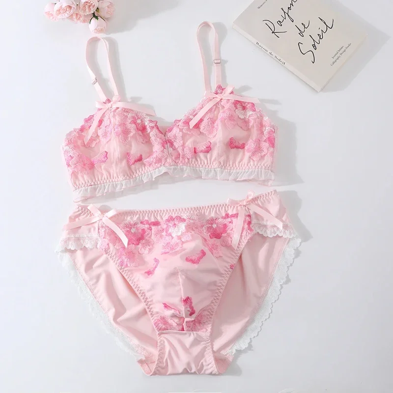 Floral Embroidered Lace Lingerie Set Sissy Ruffle Bow Bra and Panties Men's Convex Pouch Briefs Gay Underwear